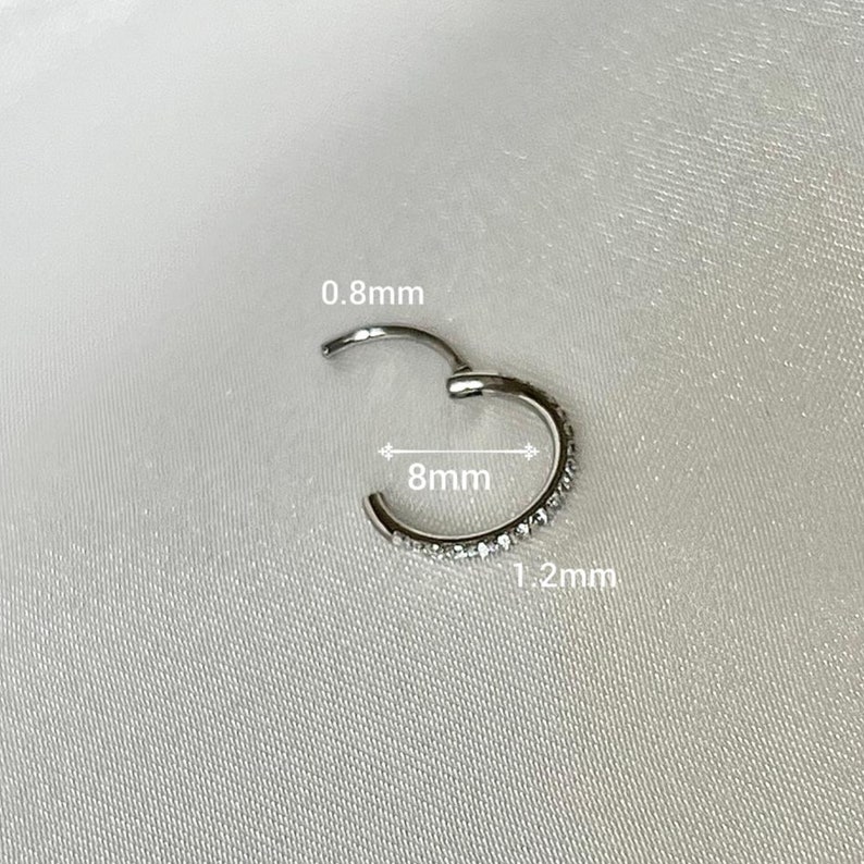 May include: A silver hoop earring with a row of clear cubic zirconia stones. The earring is 8mm in diameter and 1.2mm wide.
