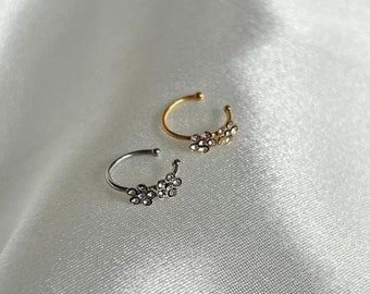 Double Flower Fake Clip on Nose Ring Nose Hoop, Stainless Steel Dainty Hoop, Cartilage Hoop, Tragus Ring/ Sparkly Nose Cuff - 8mm