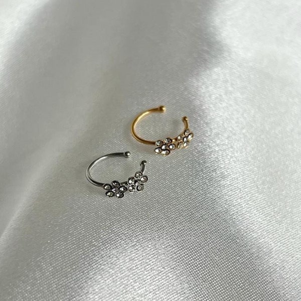 Double Flower Fake Clip on Nose Ring Nose Hoop, Stainless Steel Dainty Hoop, Cartilage Hoop, Tragus Ring/ Sparkly Nose Cuff - 8mm