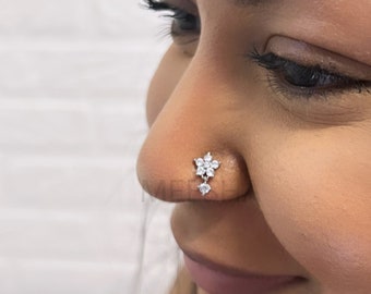 20G Gold Silver Cute Small Petal Flower Dangle Nose Stud /Indian Nose  Stud Nose Ring CZ dangly earring Dangly Barbell Stud Thin Bar