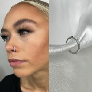 May include: A silver nose ring with a row of small clear rhinestones. The ring is shown on a model's nose and on a white fabric background.