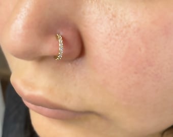 May include: A gold nose ring with small clear stones set in a circle.