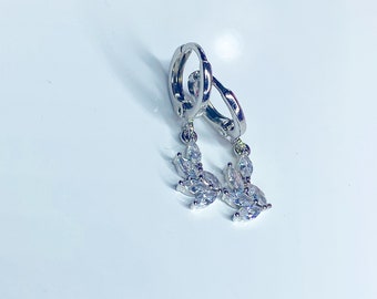 925 sterling silver Mini Huggie hoop with Leaf drop earrings, dangle micro paved huggie cubic zirconia, gift for her, Christmas Gift