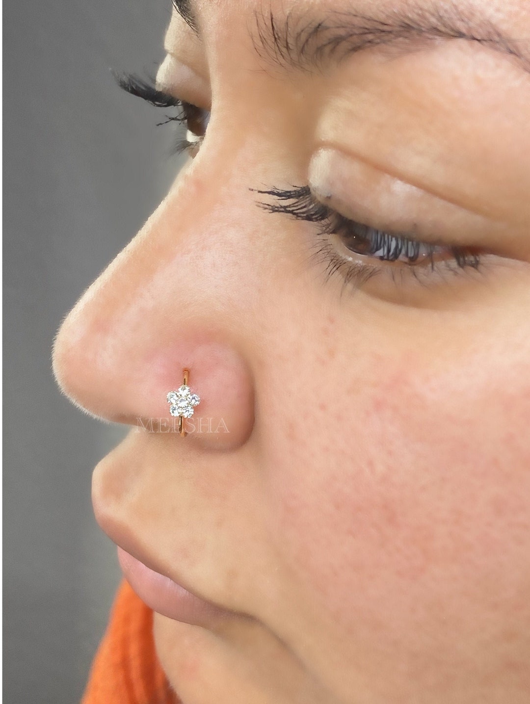 Flowery Small Diamond Nose Ring Flower Nose Hoop Small Crystal