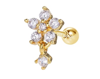 Sparkling Flower Nose Stud With Dangle Cubic Zirconia- Floral Nose piercing Jewelry