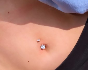Double Heart Naval Bar / CZ Stone Silver 316L Stainless Steel Belly Bar / Body Jewellery