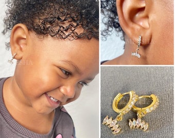 Children’s Gold Stainless Steel Huggie Hoops Sparkling Cubic Zirconia Drop Charm Earrings Set