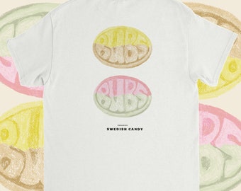 Zweeds snoep T-shirt, Bubs Pasta T-shirt, Unisex T-shirt, Trendy T-shirt, Grafisch T-shirt, Voedsel T-shirt, Vintage funky Snoepjes illustratie