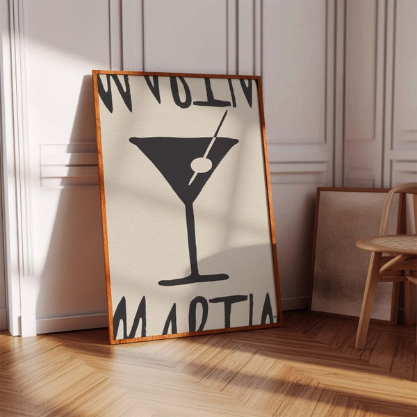 Martini Print Cocktail Hand-Drawn Retro Poster Alcohol Poster Bar Cart Prints Minimalist Wall Art Trendy Gallery Wall Digital Download