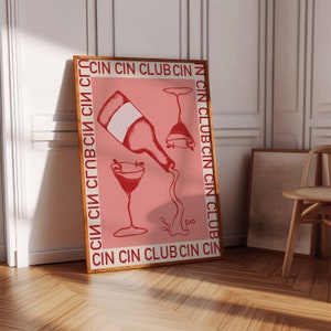Cin Cin czerwony i różowy Wydruk wina Wydruk alkoholu Retro plakat wina Bar Cart Wall Art Bar Printable Art Wystrój wina Napoje zabawa Cyfrowe pobieranie