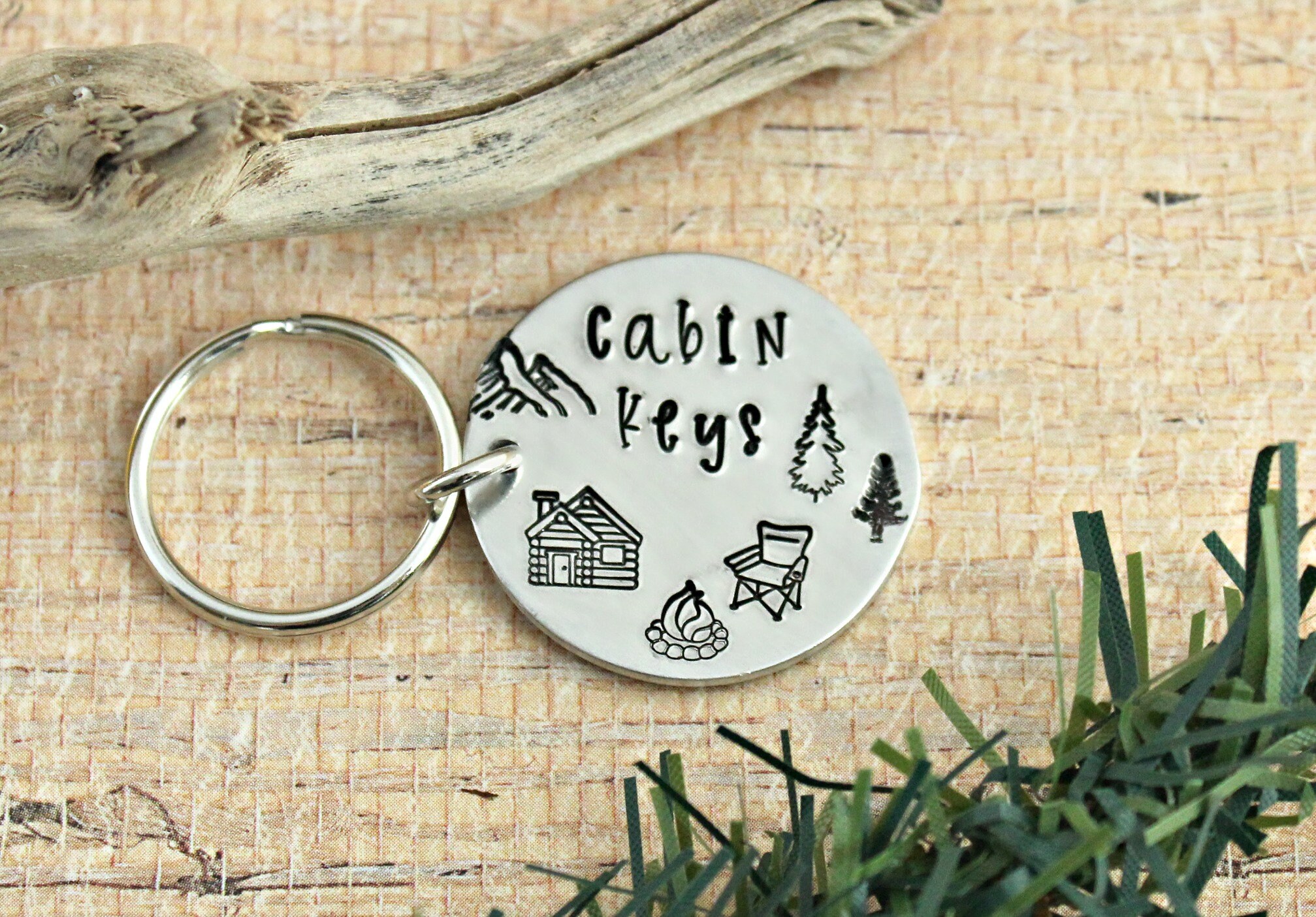 Hand Stamped Cabin Keys Keychain - Rustic Mountain Decor Gift for ...