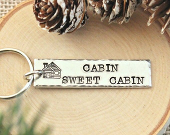 Cabin Sweet Cabin Keychain - Hand Stamped Aluminum - Mountain Life Gift - Rustic Outdoor Adventure