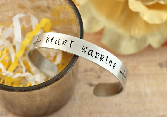 Hand Stamped Aluminum Heart Warrior Cuff Bracelet - Get Well Gift for Cardiac Surgery Recovery