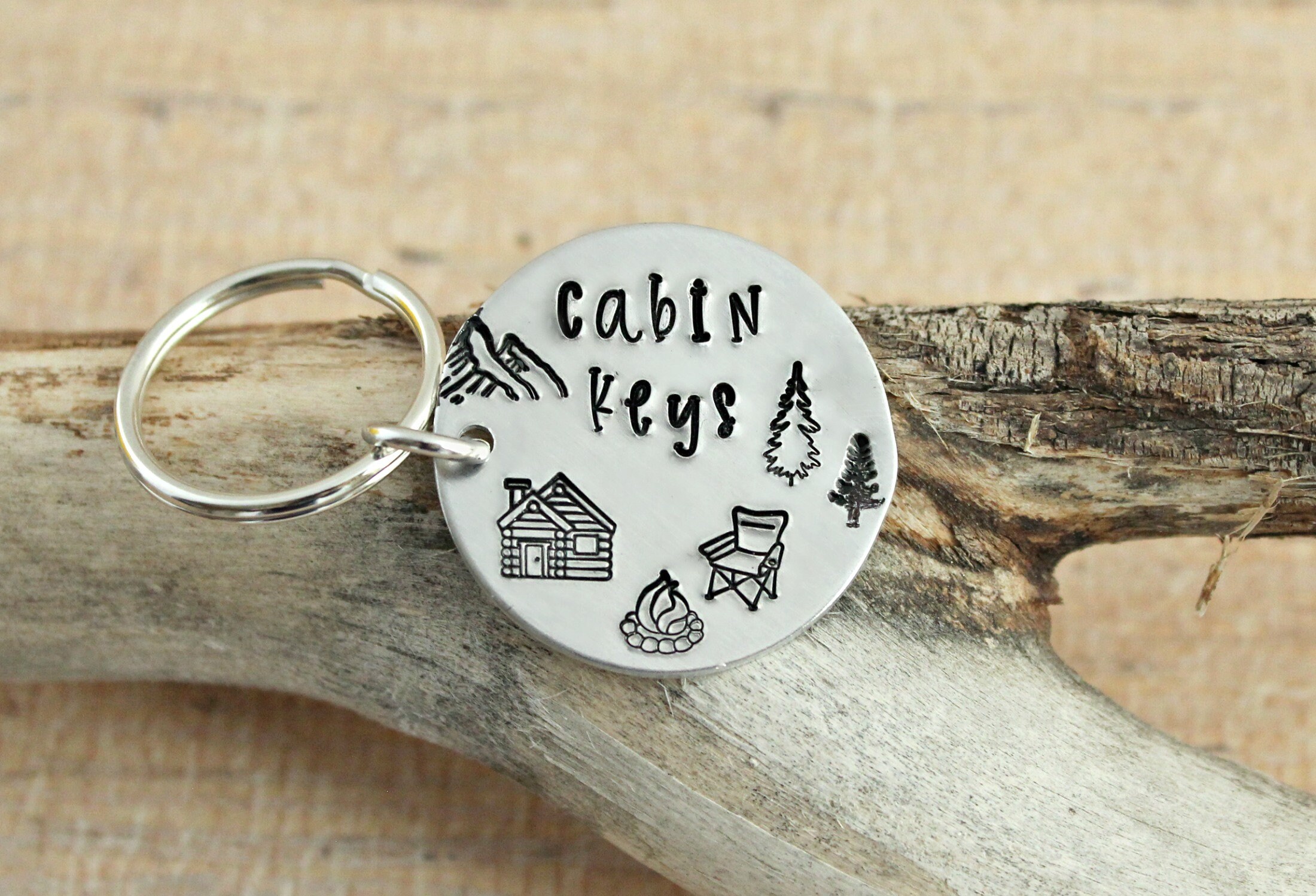 Hand Stamped Cabin Keys Keychain - Rustic Mountain Decor Gift for ...