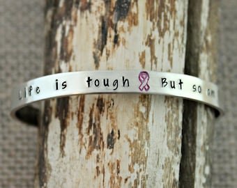 Hand Stamped Breast Cancer Awareness Warrior Survivor Gift Bracelet with Ribbon Charm