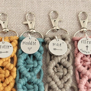 5" long macrame keychain with personalized discs featuring a name and your choice of design stamp.  These keychains come in a variety of colors and are fully customized. These are available in a different listing in my shop