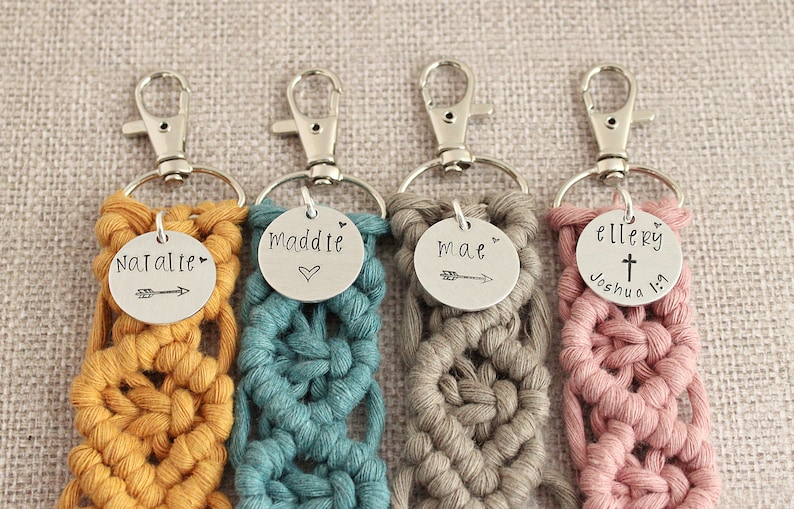 5" long macrame keychain with personalized discs featuring a name and your choice of design stamp.  These keychains come in a variety of colors and are fully customized. These are available in a different listing in my shop