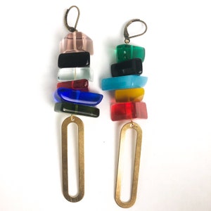 Colorful Brass Geometric Dangle Earrings | Upcycled Chipped Glass | 3.5&quot; Long Statement Jewelry
