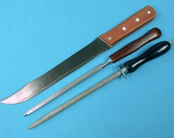 Vintage Lot Large Custom Made Kitchen Chef's Cutlery Slicing Knife 2 Sharpener