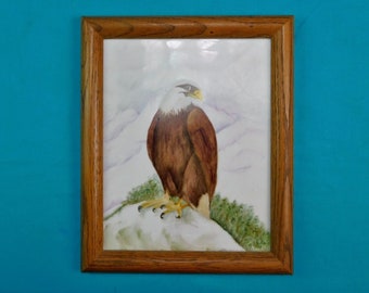 Vintage Oil on Tile Signed Framed Bold Eagle Painting Art Home Decor