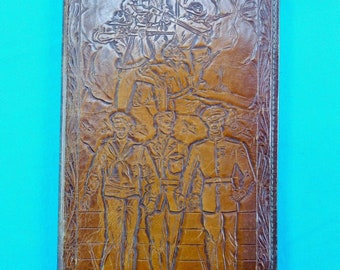 Vintage Hand Carved Tooled Military Wallet Case Holder Gift for Him Gift for collector