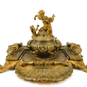 Antique Fancy Jeweled French France 19 Century Gilded Bronze Figural Inkwell Ink Desk Stand