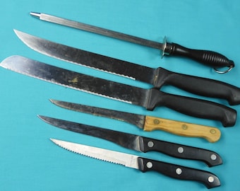 Vintage Old Lot di 5 Cucina Chef's Pane Bistecca Posate Coltello & Sharpener
