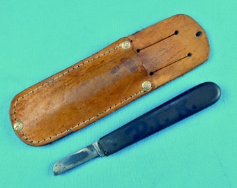 Vintage Old US Leather Tool Knife with Leather Sheath Folding Pocket Knife