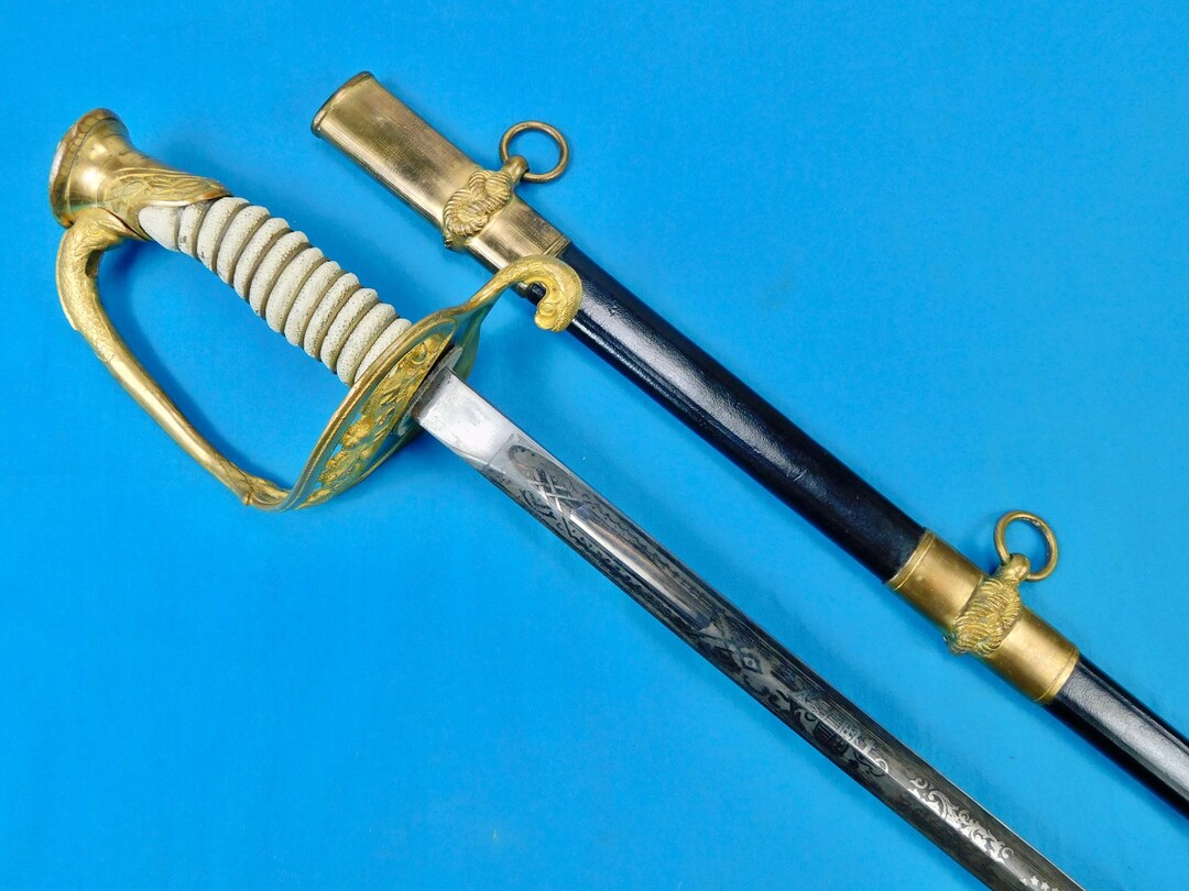 US WW2 Vintage Model 1852 Engraved Navy USN Officer's Sword W/ Scabbard ...
