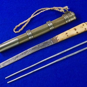 Antique Old Japan Japanese Traveling Camping Set of Knife & Chopsticks Utensils w/ Scabbard Gift for Him Gift for collector