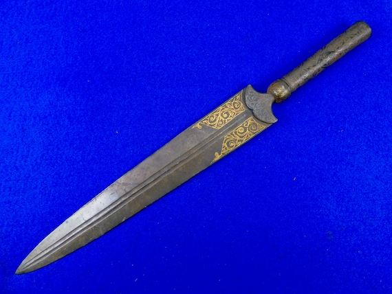 Antique Old 19 Century or Earlier Middle East Gold Inlay Spear Point Head Dagger