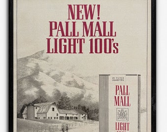 Decoración del bar del hogar de la década de 1970, página de anuncios de cigarrillos, impresión de anuncios de cigarrillos antiguos de luces de Pall Mall