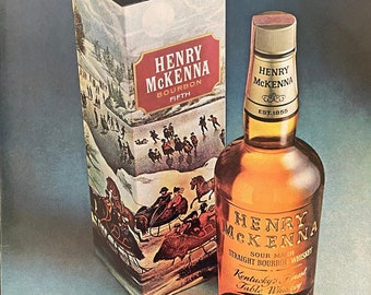 Regalos de Bourbon, Historia icónica del whisky, Anuncio de Navidad de Henry McKenna, Decoración navideña del Home Bar, Publicidad de los años 70