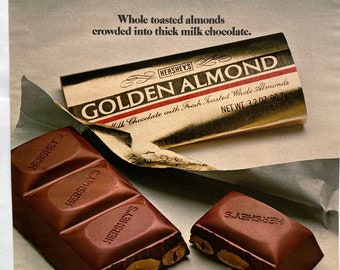 Impresión de anuncios de chocolate con almendras doradas de Hershey, arte de pared de comida de cocina de los años 80, página de anuncios retro de Virginia Slims