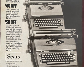 Retro Typewriter Ad, 1970s Retro Decor, 1978 Sears Typewriter Ad Page, Gift for Writer, Vintage Typewriter Gift, Retro Office Wall Art