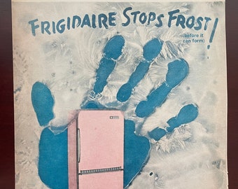Arte de pared de cocina vintage, página de anuncios Frigidaire de la década de 1960, turquesa y rosa modernos de mediados de siglo