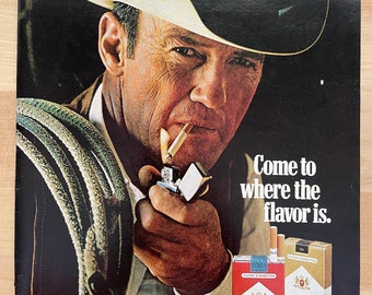 Original 1975 Marlboro Cigarettes Cowboy Ad | Vintage Tobacco Advertisement | Double-Sided with J&B Scotch Ad | Americana Decor