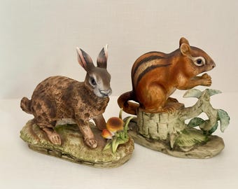 Figura vintage de conejo y ardilla de Lefton, juego de 2, cerámica de animales, vida salvaje, conejito