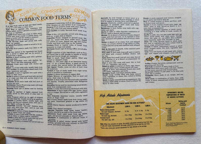 K&ouml;nnte beinhalten: Offenes Buch mit Seiten, die Vintage-Illustrationen und Text zeigen. Die linke Seite zeigt eine Liste von "Common Food Terms" mit Definitionen. Die rechte Seite enth&auml;lt eine Tabelle zu "High Altitude Adjustments" f&uuml;r das Backen.