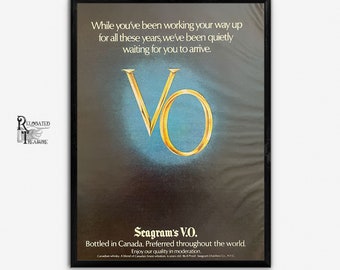 Página de anuncios de licores V O de Vintage Seagram, decoración retro de los años 70, arte de bar retro