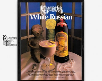 Kahlua White Russian Liquor Ad, Smithsonian Magazine 1986, Vintage Bar Decor, Retro Bar Cart, 1980s, Advertisement