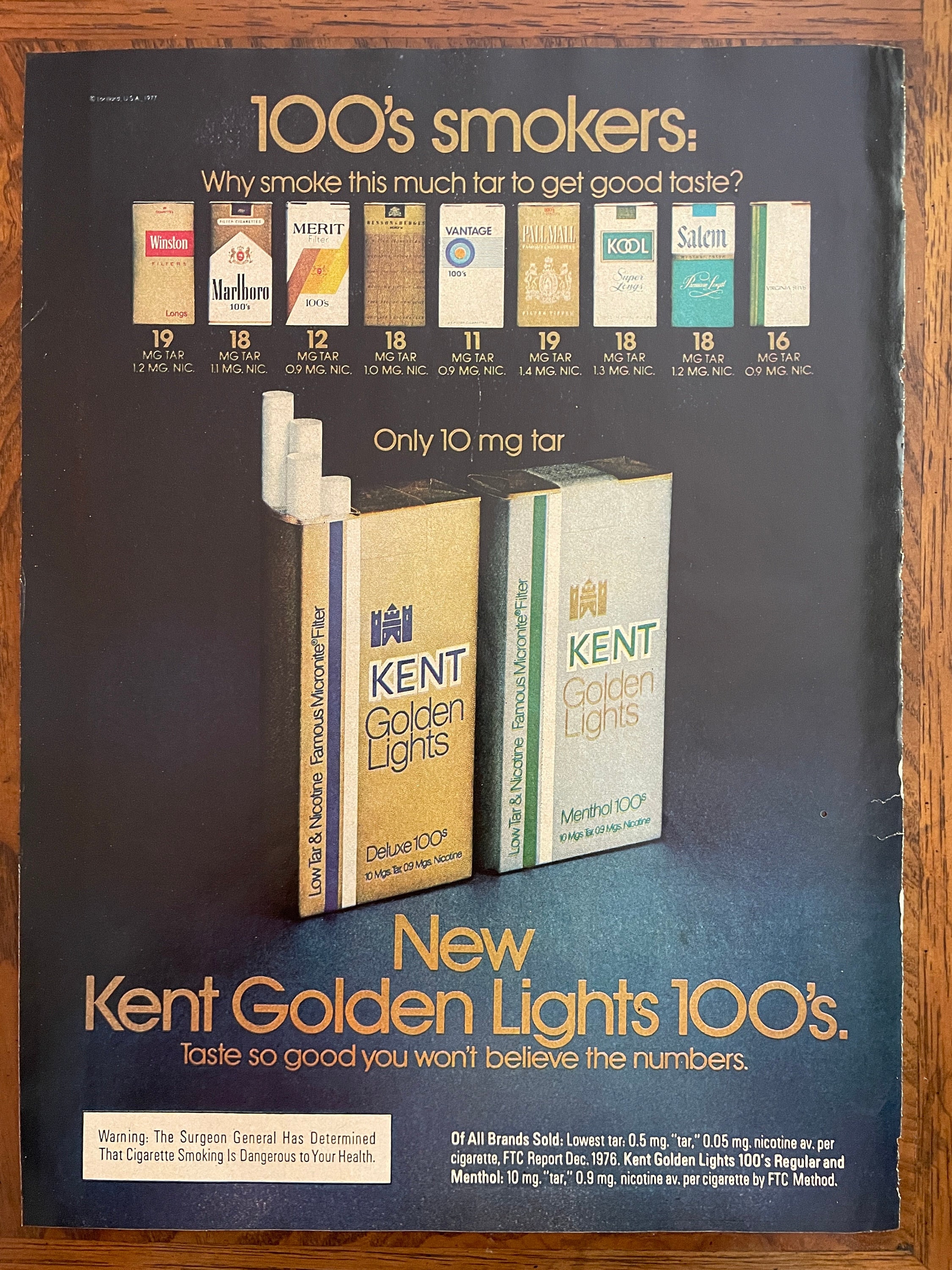Retro Cigarette Ad Page, 1977 Kent Golden Lights Smoking Advertising
