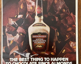 1976 Anuncio de alcohol cordial de Hiram Walker, anuncio impreso de revista original, decoración de bar, recetas cordiales de chocolate y almendras