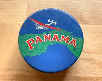 Lata de cinta de máquina de escribir Panamá vintage / Lata de metal con gráficos de aviación / Coleccionable de principios del siglo XX