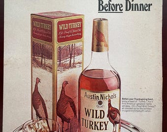 Anuncio de whisky Wild Turkey Bourbon para habitación, anuncio vintage de whisky para Acción de Gracias, arte de pared retro para cocina, decoración de bar en sótano, anuncio de alcohol