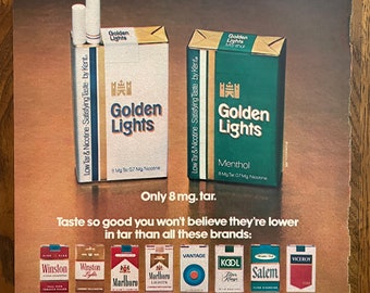 Vintage 1978 Página de anuncios de cigarrillos Golden Lights, decoración retro del hogar