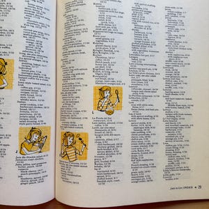K&ouml;nnte beinhalten: Eine Indexseite aus einem Kochbuch mit einer Liste von Rezepten. Der Text enth&auml;lt Gerichte wie 'Jack-Be-Nimble-Salat' und 'Jamaikanisches Brath&auml;hnchen'. Die Seite stammt aus einem Vintage-Kochbuch.