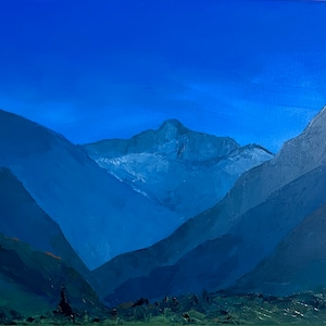 Alpine valley view, original fine art oil painting. Long mountain landscape. Horizontal 30x90cm