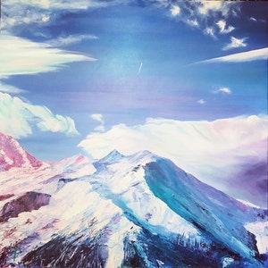Original fine art. Blue winter mountain scene, 60x60cm oil painting on canvas, alpine artwork. Wall art.