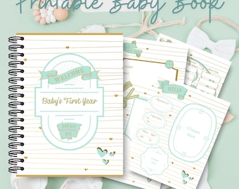 Genderneutrale babyboekpagina's, mint- en goudafdrukken | Afdrukbare pagina's voor babyboeken | Mijlpaaltracker | Elegant afdrukbaar babyboek
